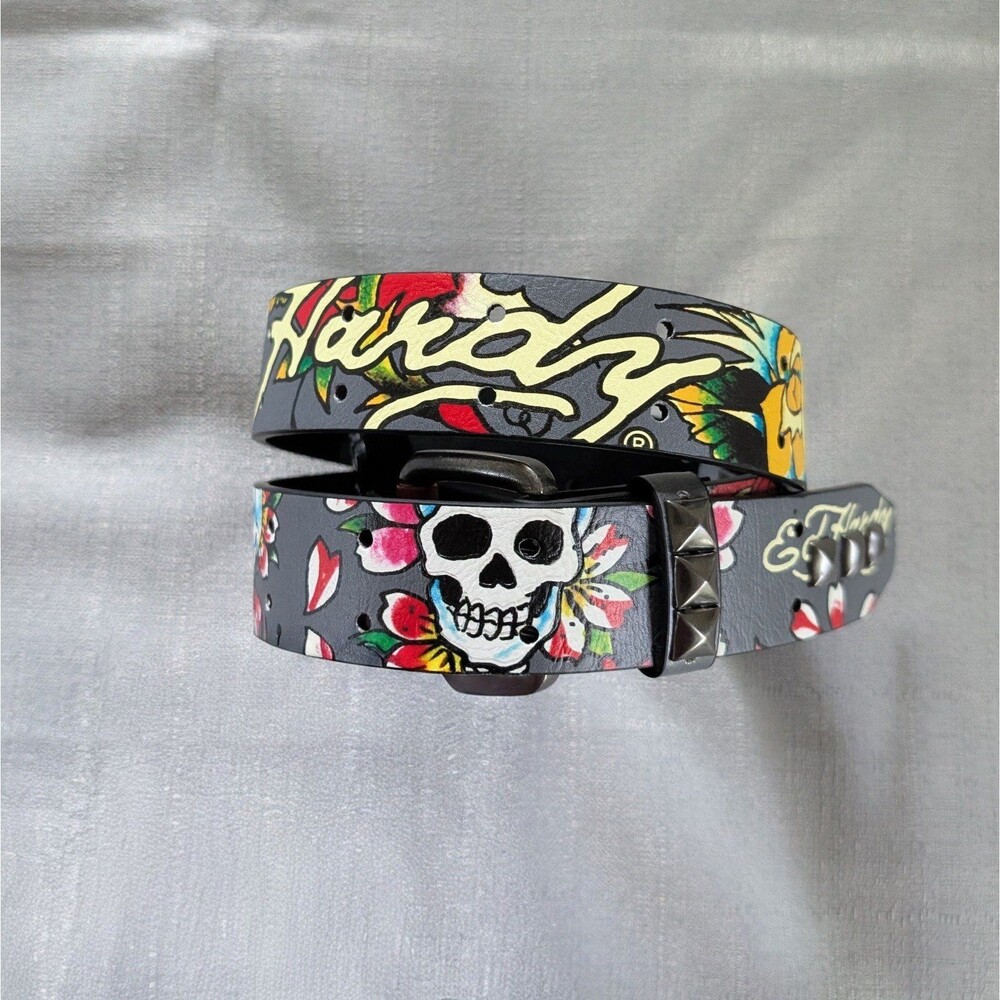Ed Hardy Tattoo Print Studded Belt Mens size 34 NEW!